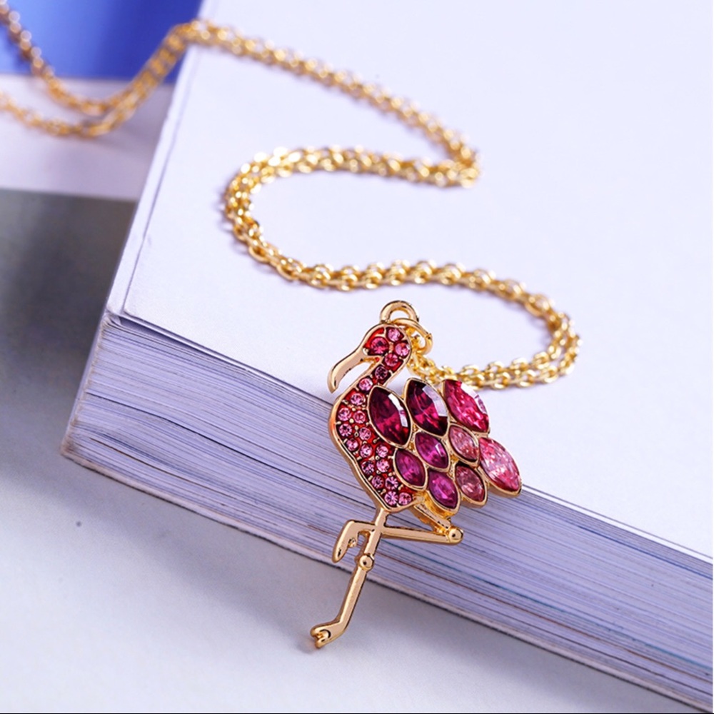 Gold And Pink Crystal Flamingo Necklace - Picture 3 of 7